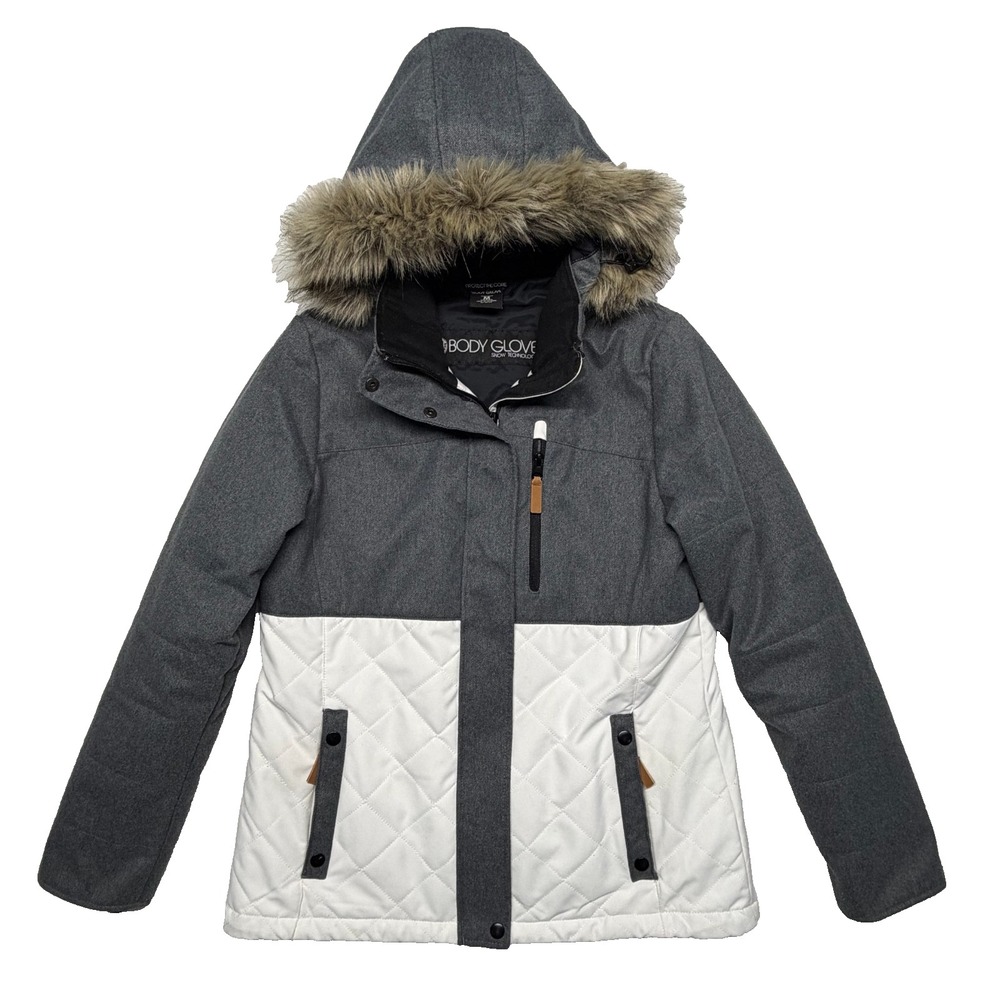 Body Glove Women's Medium Softshell Ski Jacket Fur Trim Hood White Gray Rare